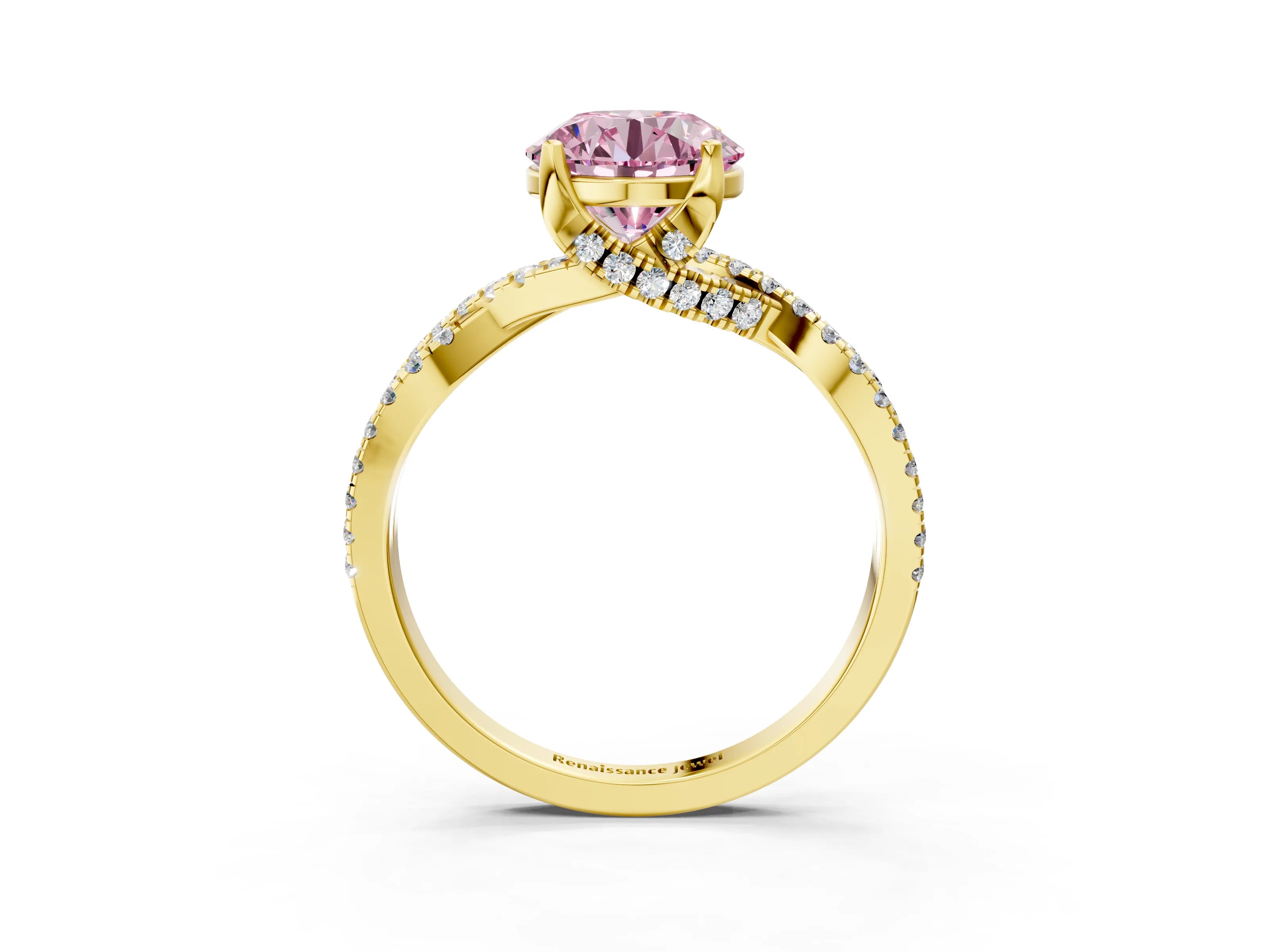 Yellow gold Fancy Pink Round Cut Solitaire Twist Pave Diamond Engagement Ring with Prong Setting_3