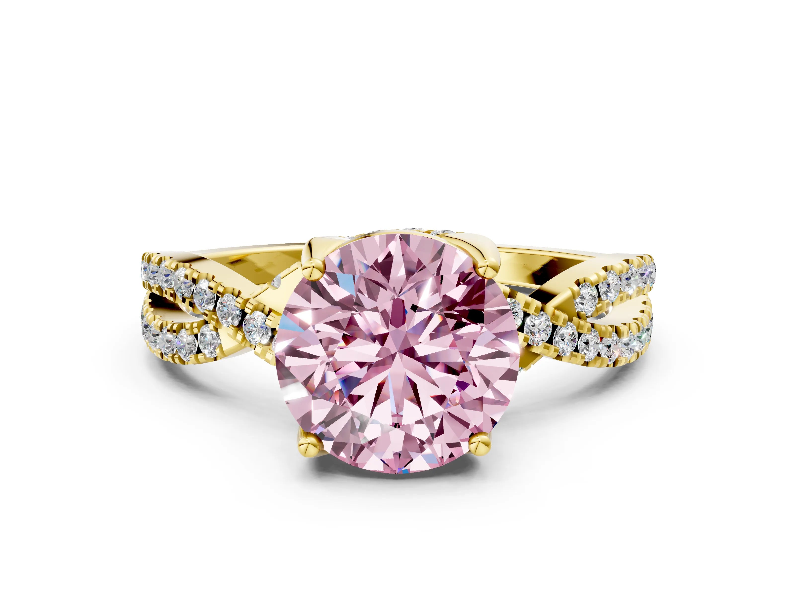 Yellow gold Fancy Pink Round Cut Solitaire Twist Pave Diamond Engagement Ring with Prong Setting_36