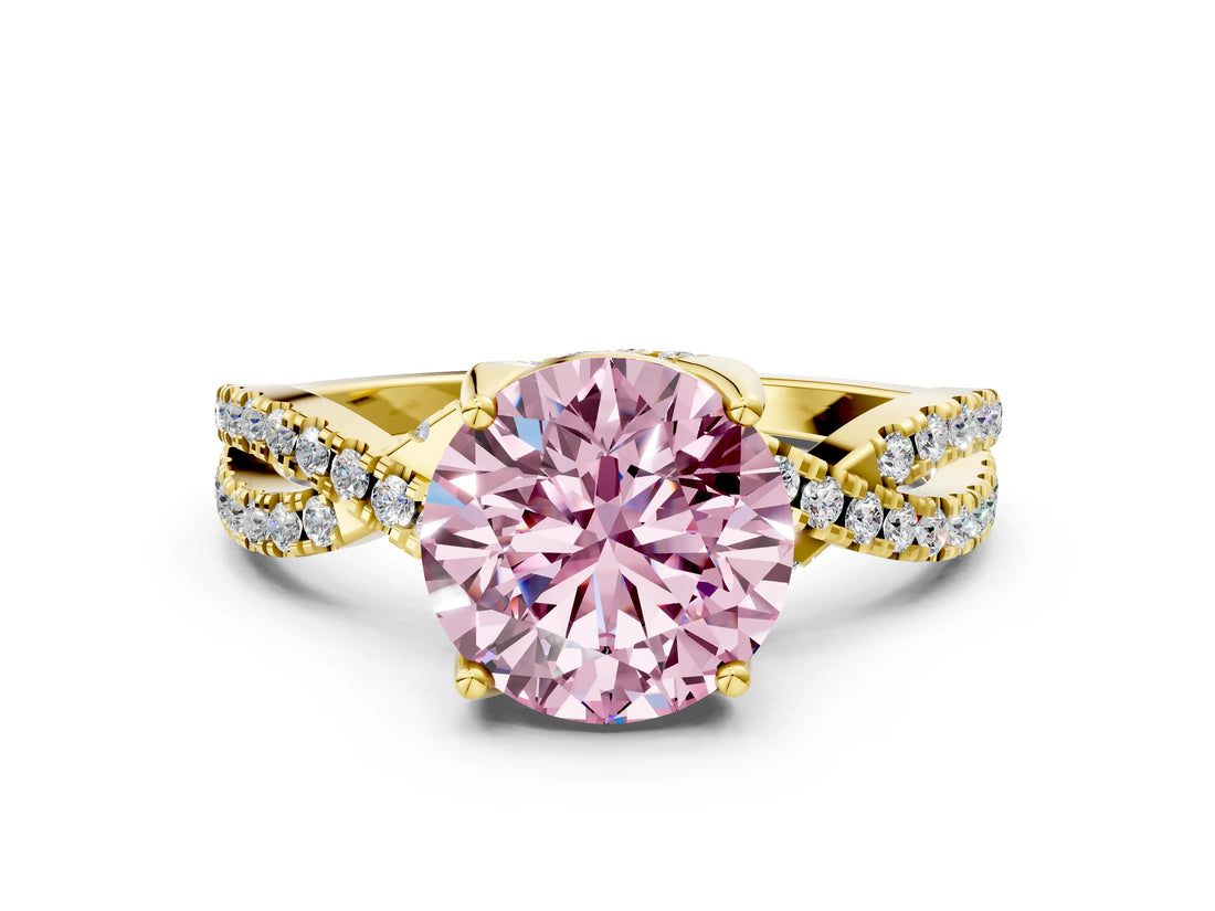 Yellow gold Fancy Pink Round Cut Solitaire Twist Pave Diamond Engagement Ring with Prong Setting_36