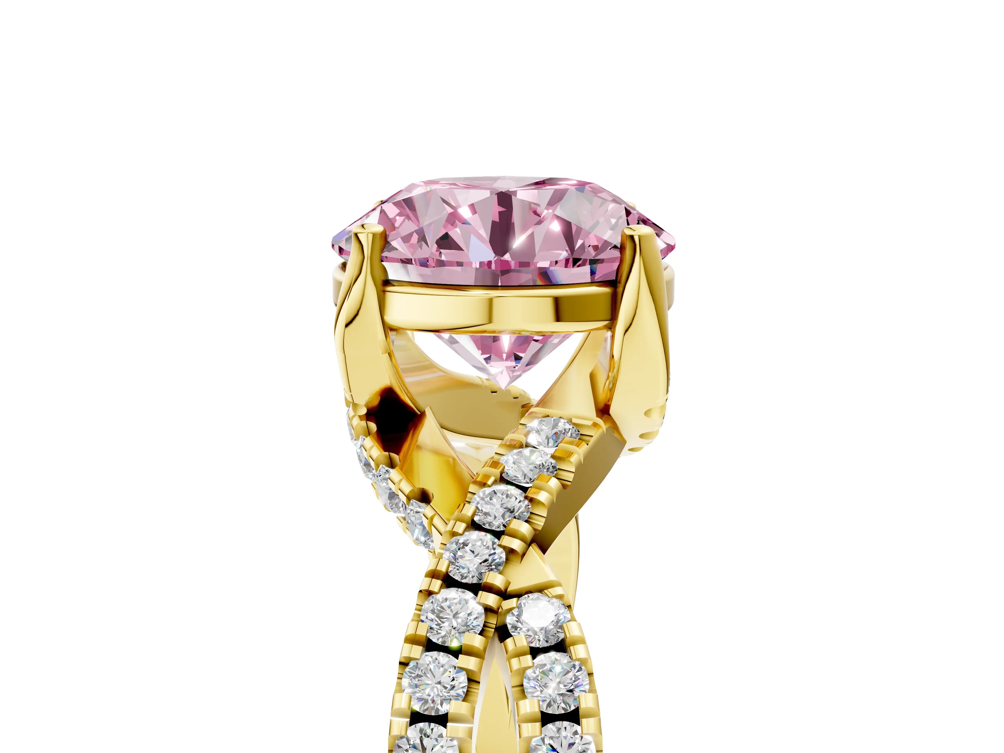 Yellow gold Fancy Pink Round Cut Solitaire Twist Pave Diamond Engagement Ring with Prong Setting_41