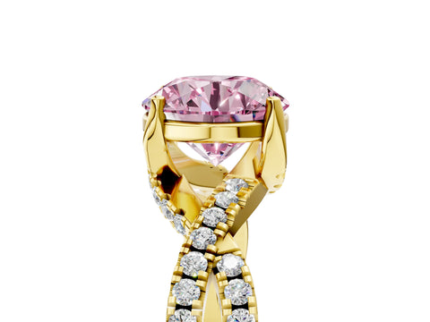Yellow gold Fancy Pink Round Cut Solitaire Twist Pave Diamond Engagement Ring with Prong Setting_41