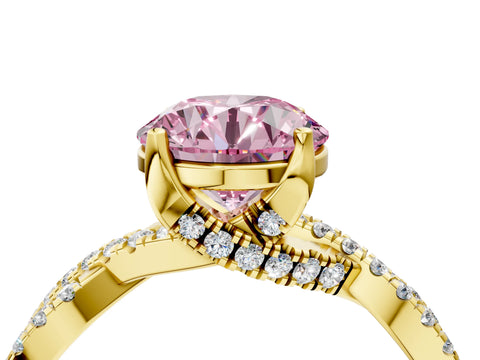 Yellow gold Fancy Pink Round Cut Solitaire Twist Pave Diamond Engagement Ring with Prong Setting_4