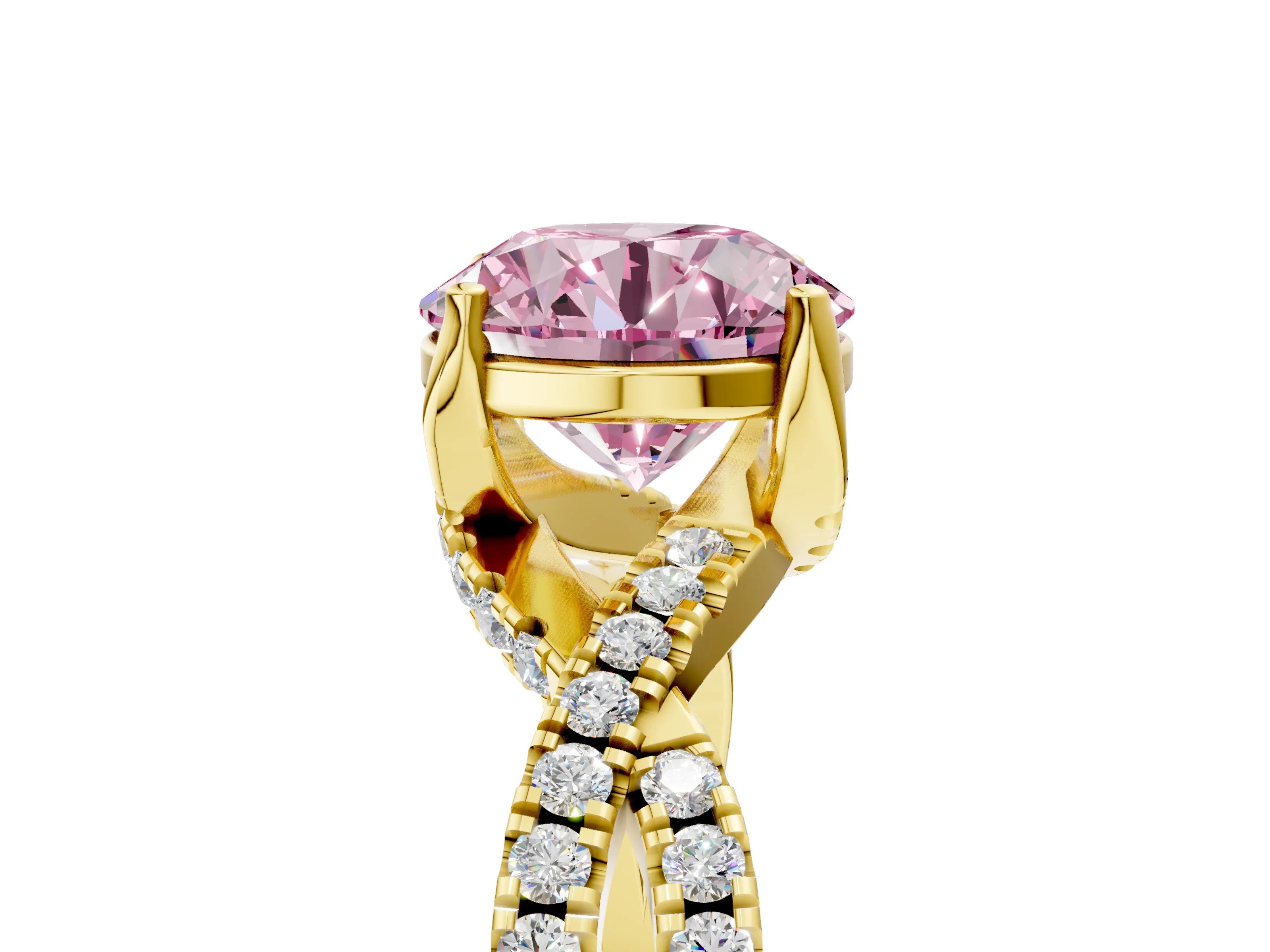 Yellow gold Fancy Pink Round Cut Solitaire Twist Pave Diamond Engagement Ring with Prong Setting_5