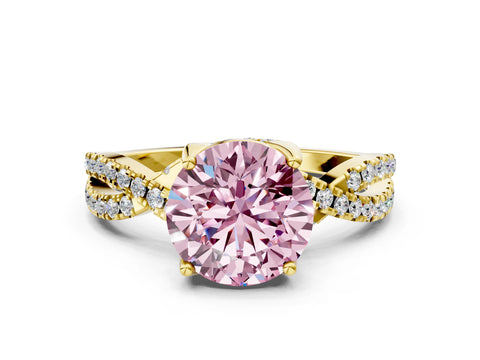 Yellow gold Fancy Pink Round Cut Solitaire Twist Pave Diamond Engagement Ring with Prong Setting