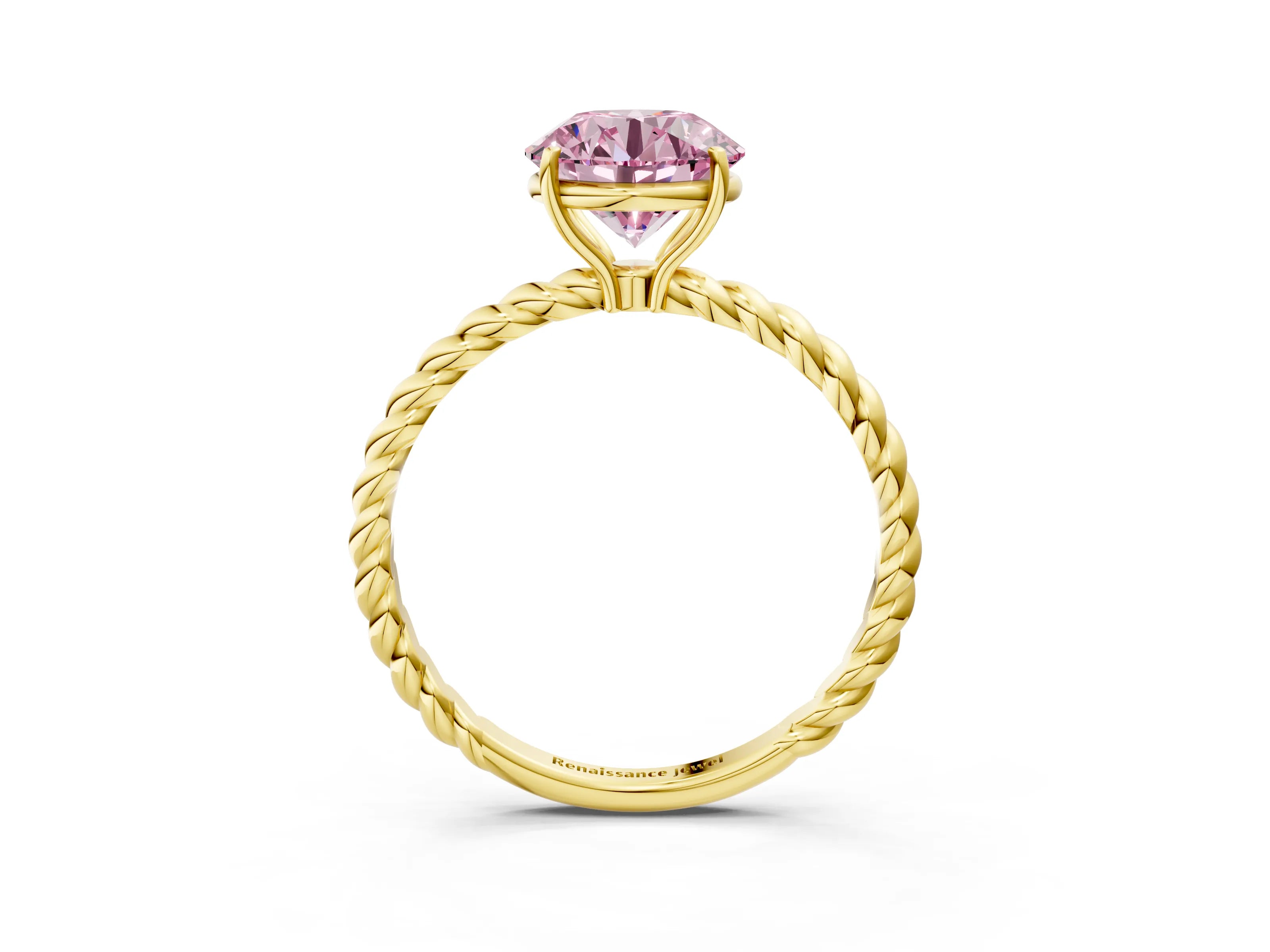 Yellow gold Fancy Pink Round Cut Solitaire Twisted Band 4-Prong Ring_3