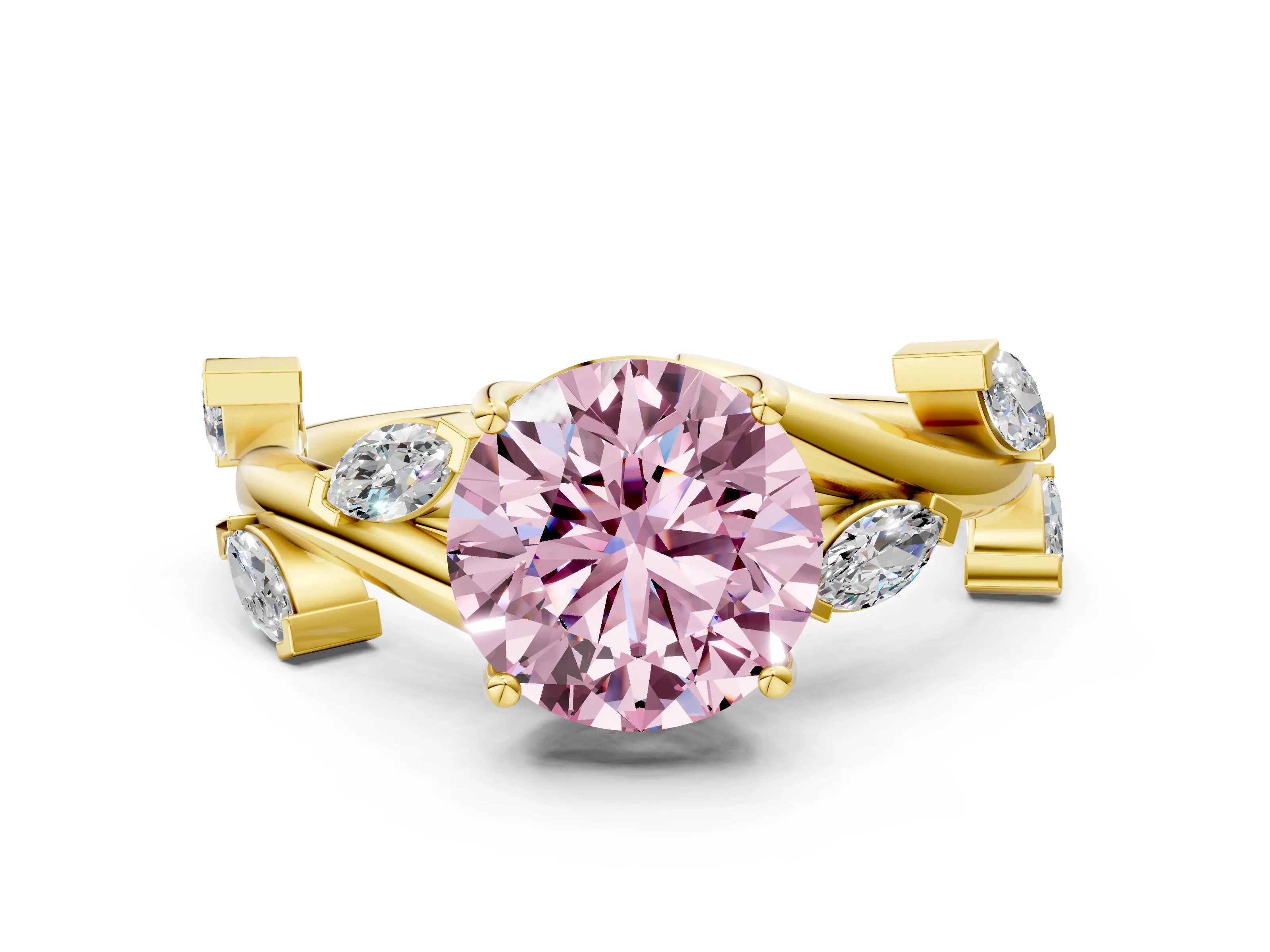 Yellow gold Fancy Pink Round Cut Solitaire Twisted Band Marquise Accent Prong Setting Ring