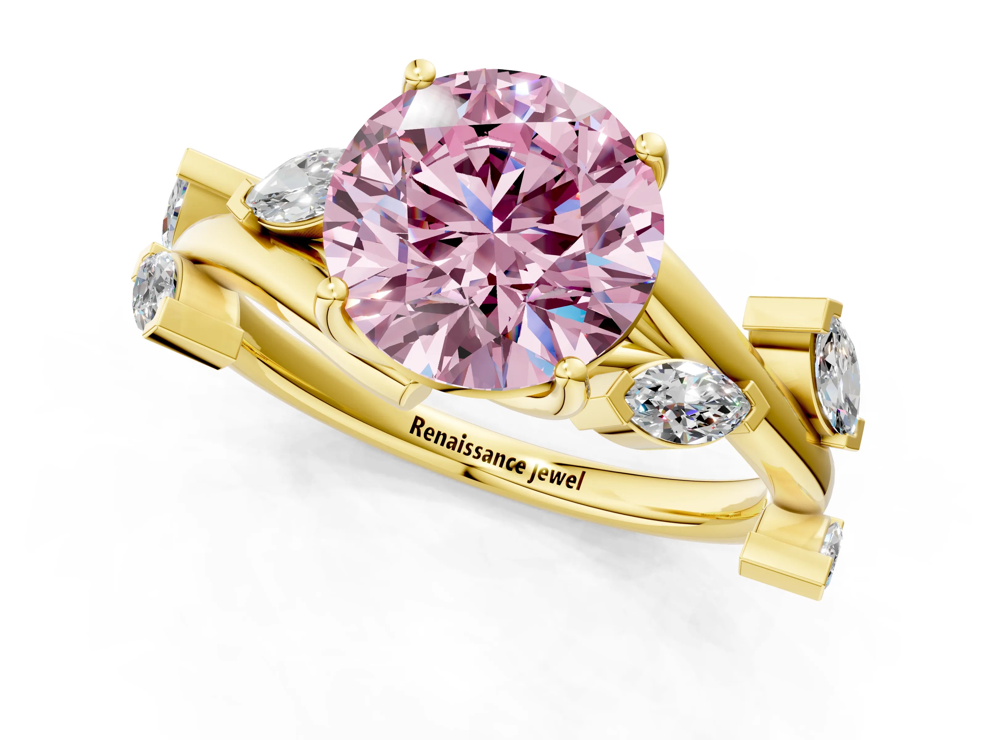 Yellow gold Fancy Pink Round Cut Solitaire Twisted Band Marquise Accent Prong Setting Ring_1