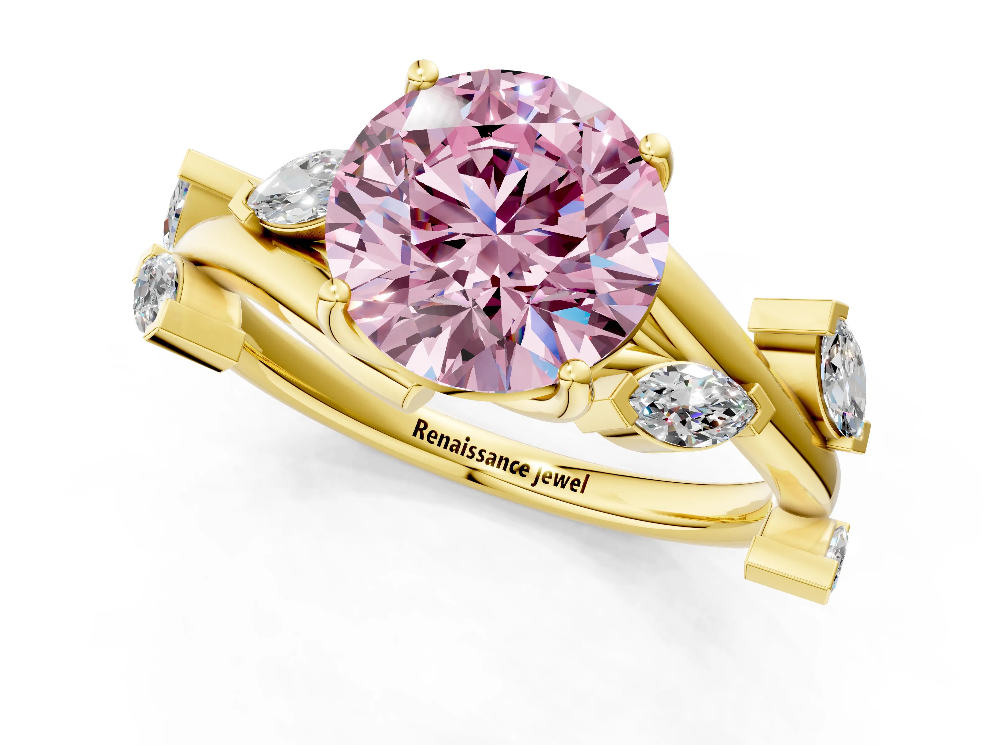 Yellow gold Fancy Pink Round Cut Solitaire Twisted Band Marquise Accent Prong Setting Ring_13