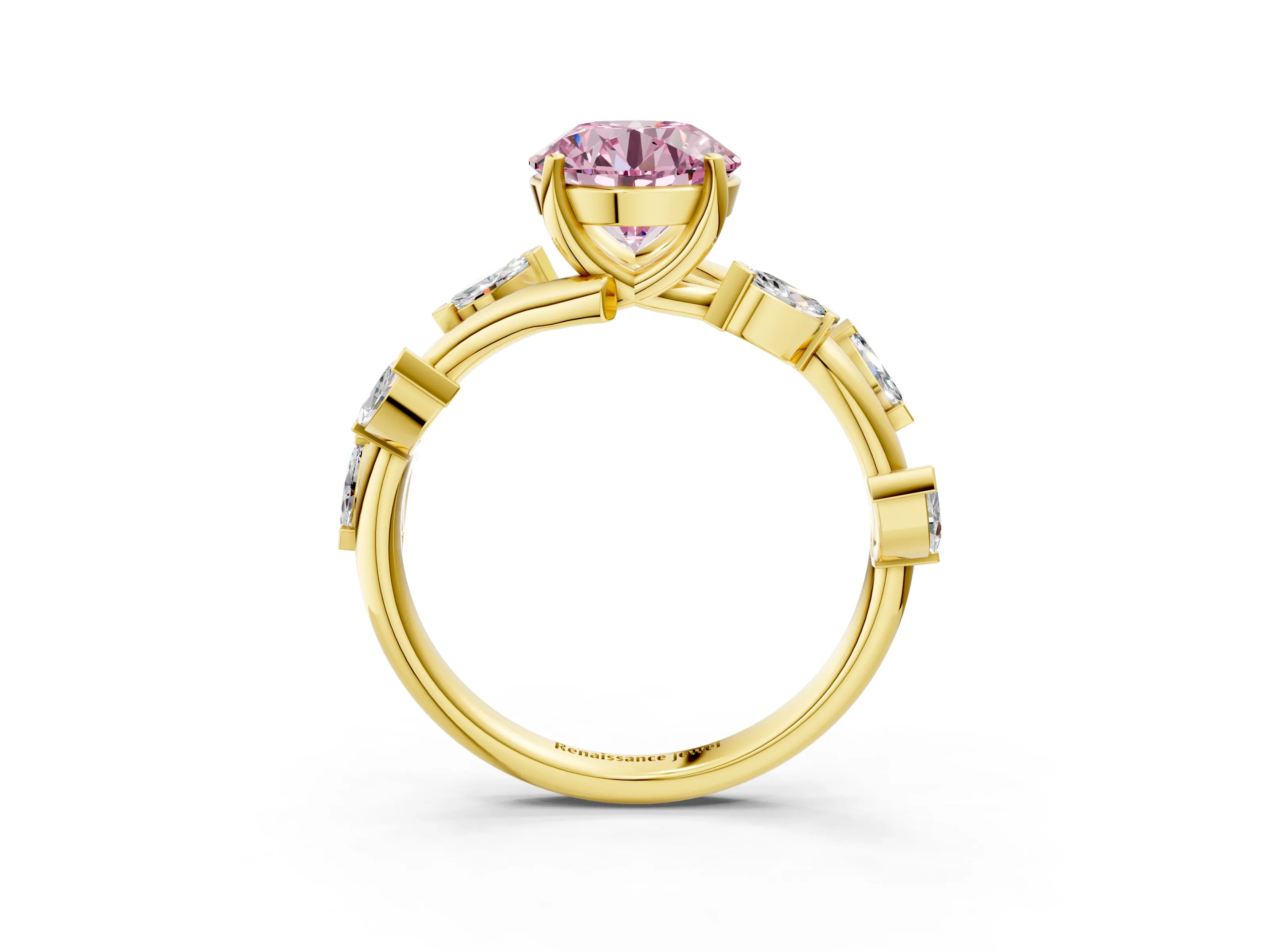 Yellow gold Fancy Pink Round Cut Solitaire Twisted Band Marquise Accent Prong Setting Ring_15