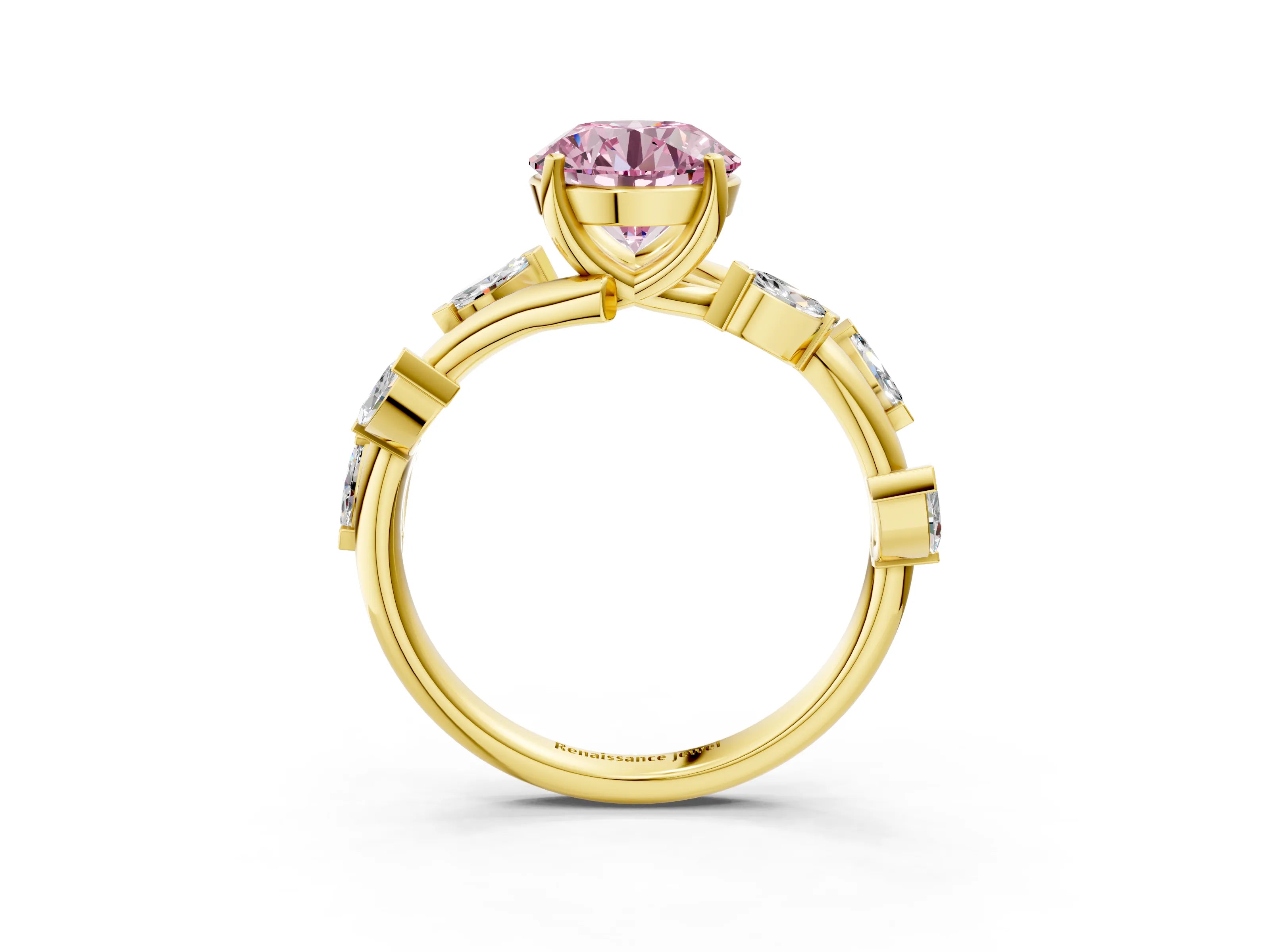 Yellow gold Fancy Pink Round Cut Solitaire Twisted Band Marquise Accent Prong Setting Ring_3