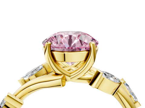 Yellow gold Fancy Pink Round Cut Solitaire Twisted Band Marquise Accent Prong Setting Ring_4