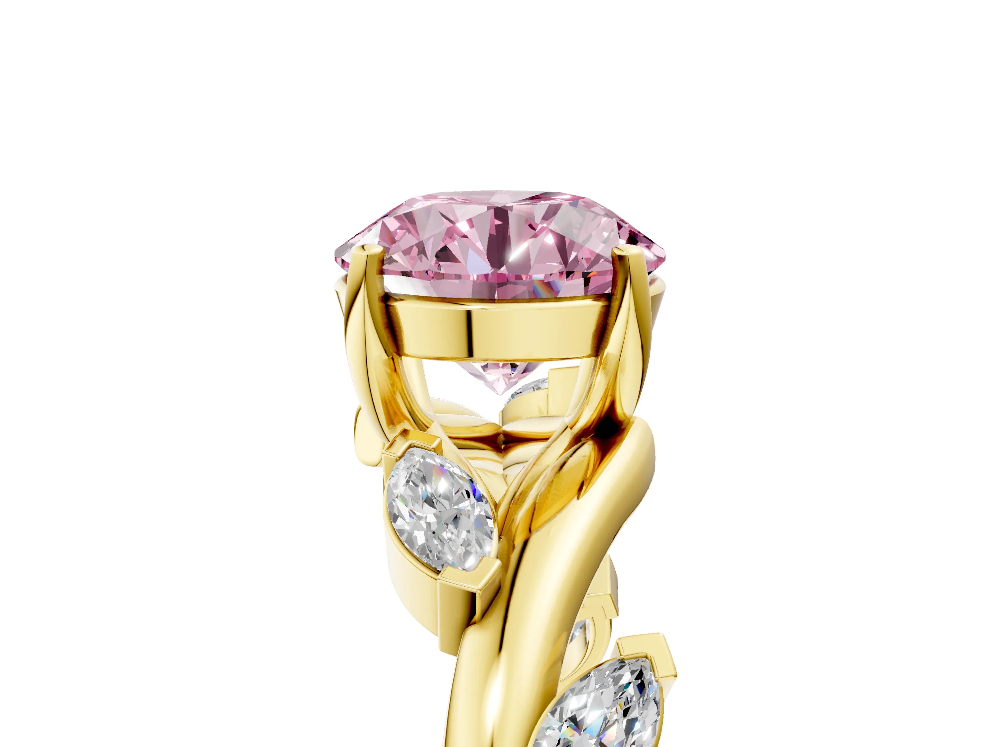 Yellow gold Fancy Pink Round Cut Solitaire Twisted Band Marquise Accent Prong Setting Ring_5