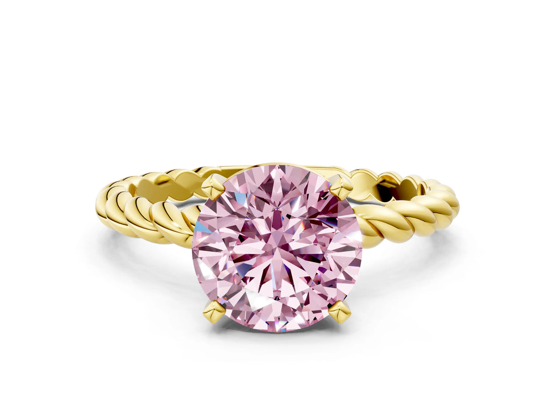 Yellow gold Fancy Pink Round  Cut Solitaire Twisted Band with Four-Prong Setting_56