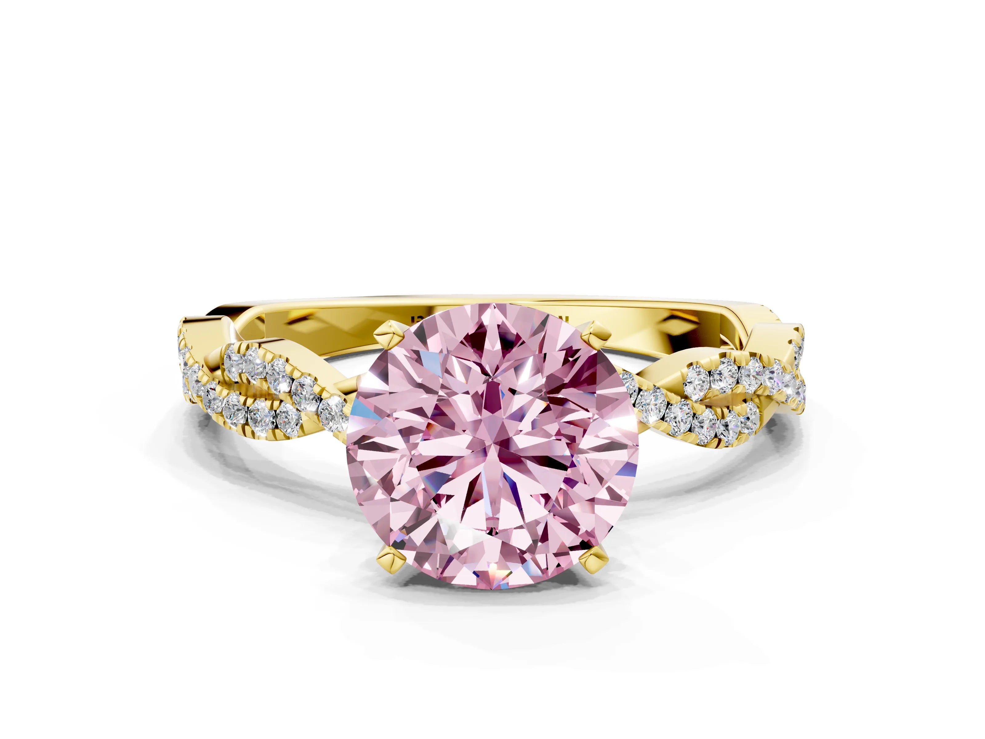 Yellow gold Fancy Pink Round Cut Solitaire Twisted Pave Band with Four-Prong Setting_3