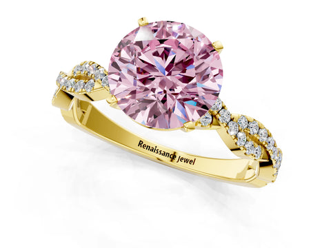 Yellow gold Fancy Pink Round Cut Solitaire Twisted Pave Band with Four-Prong Setting_4
