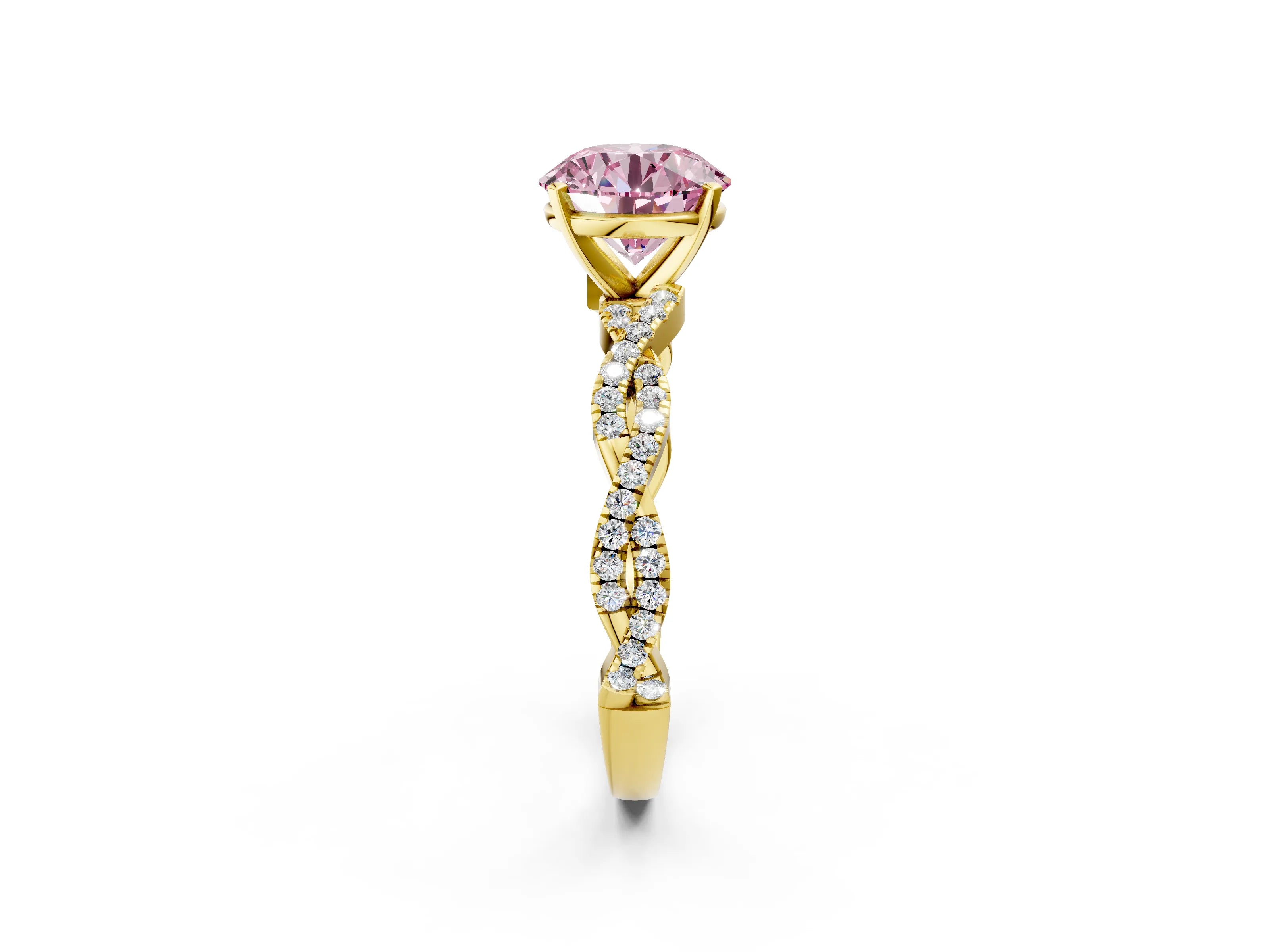 Yellow gold Fancy Pink Round Cut Solitaire Twisted Pave Band with Four-Prong Setting_5