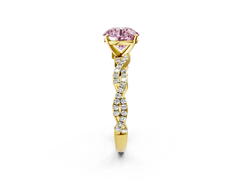 Yellow gold Fancy Pink Round Cut Solitaire Twisted Pave Band with Four-Prong Setting_5