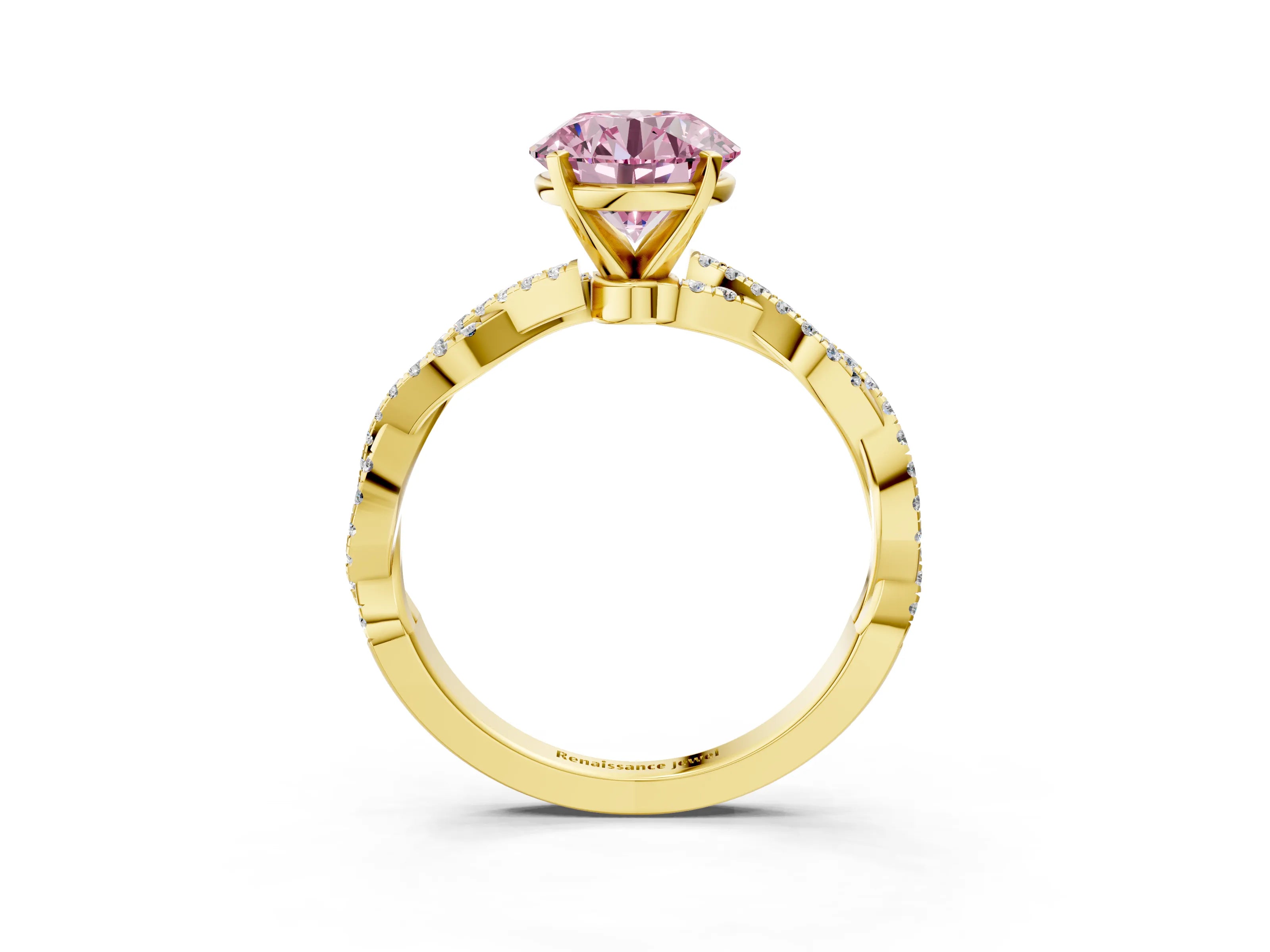 Yellow gold Fancy Pink Round Cut Solitaire Twisted Pave Band with Four-Prong Setting_6