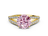Yellow gold Fancy Pink Round  Cut Split Shank Pave Diamond Engagement Ring with Four-Prong Setting