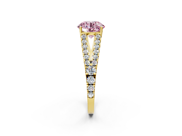 Yellow gold Fancy Pink Round  Cut Split Shank Pave Diamond Engagement Ring with Four-Prong Setting