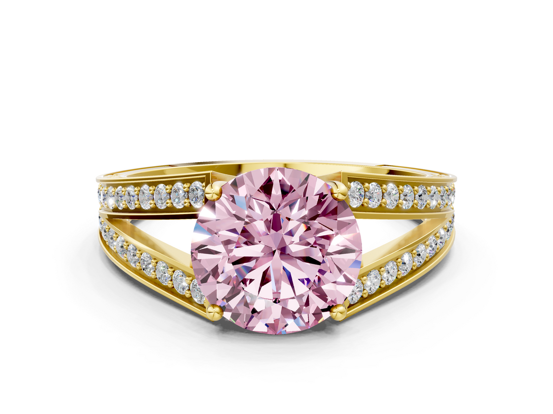 Yellow gold Fancy Pink Round  Cut Split Shank Pave Diamond Ring with Four-Prong Setting
