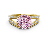 Yellow gold Fancy Pink Round  Cut Split Shank Pave Diamond Ring with Four-Prong Setting