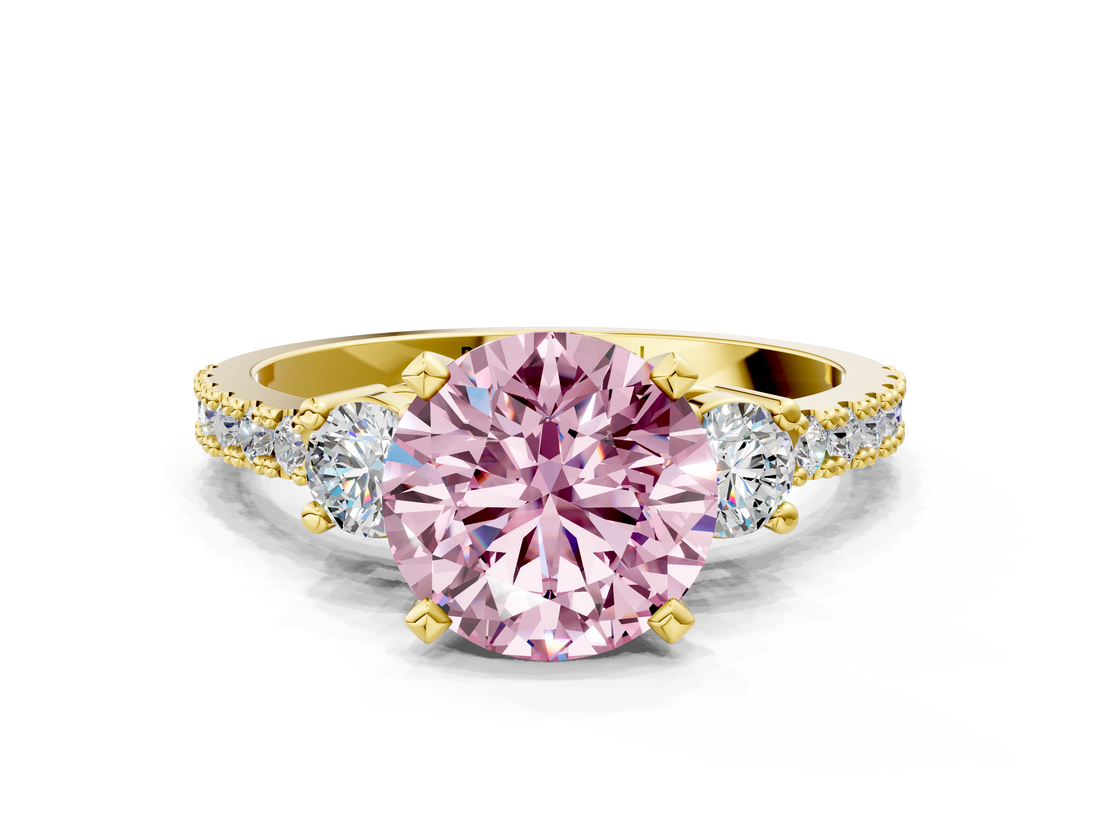 Yellow gold Fancy Pink Round  Cut Three-Stone Diamond Pavé Band with Prong Setting