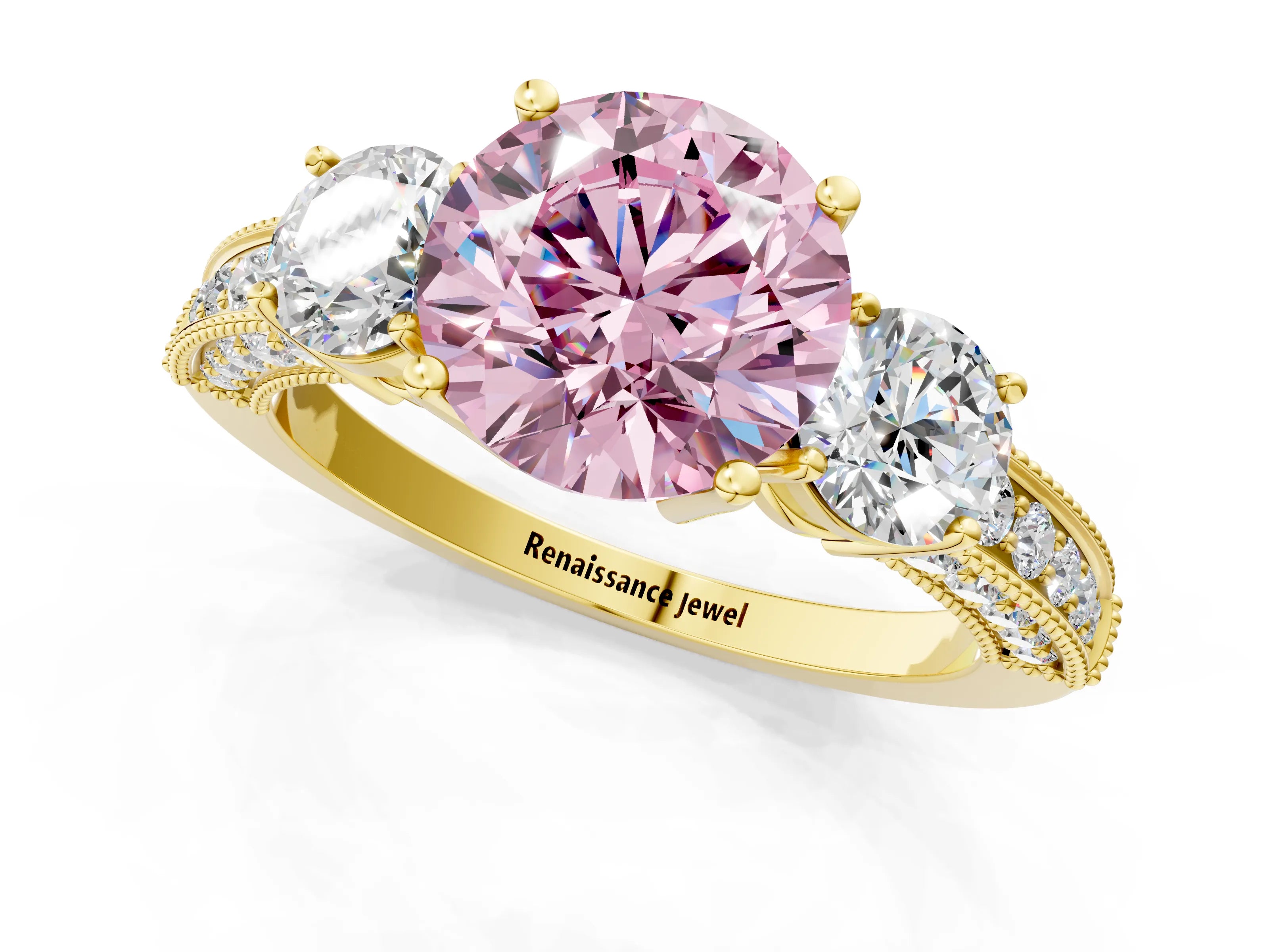Yellow gold Fancy Pink Round Cut Three-Stone Diamond Ring with Pavé Band and Four-Prong Setting_1