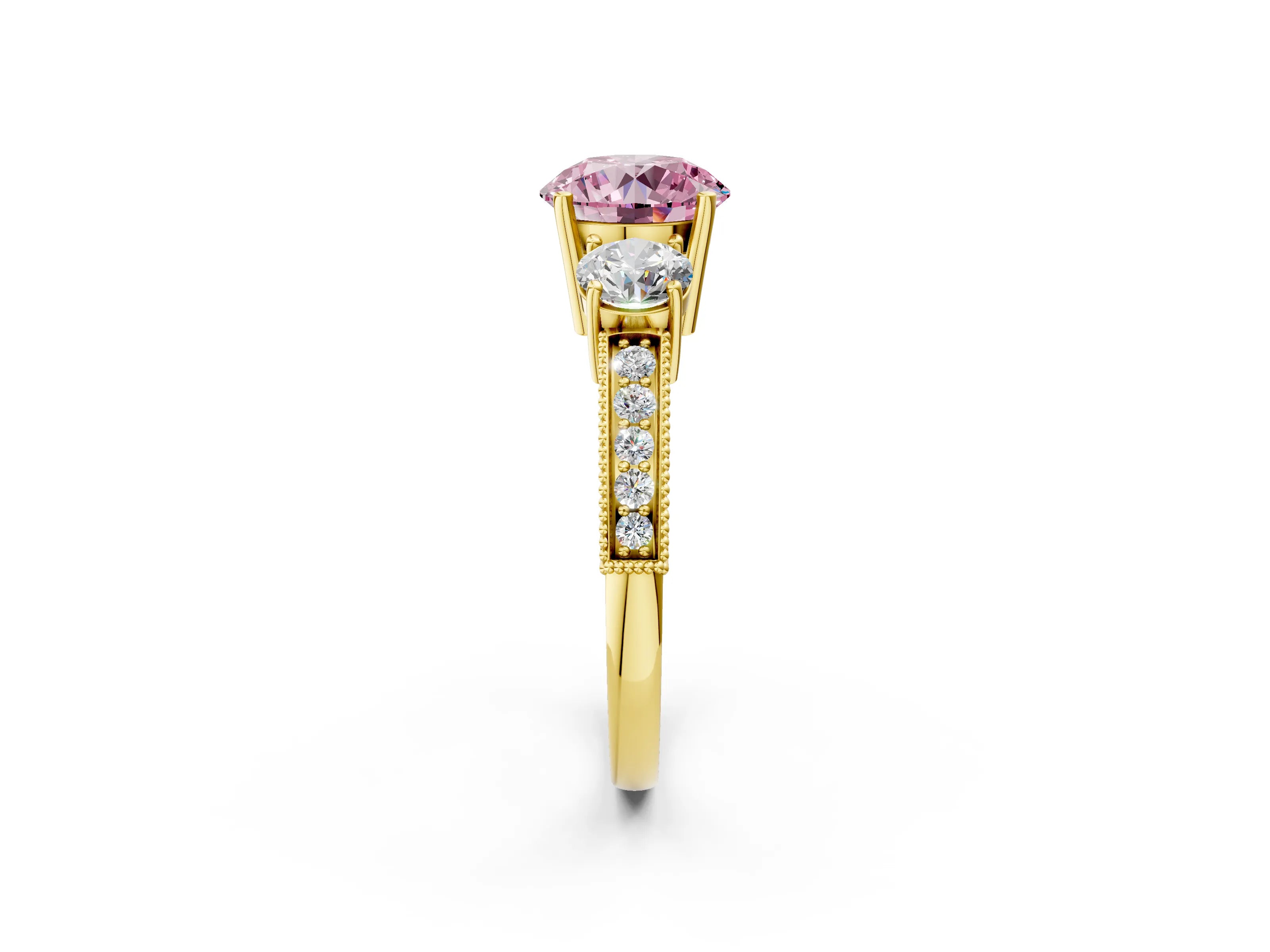 Yellow gold Fancy Pink Round Cut Three-Stone Diamond Ring with Pavé Band and Four-Prong Setting_2