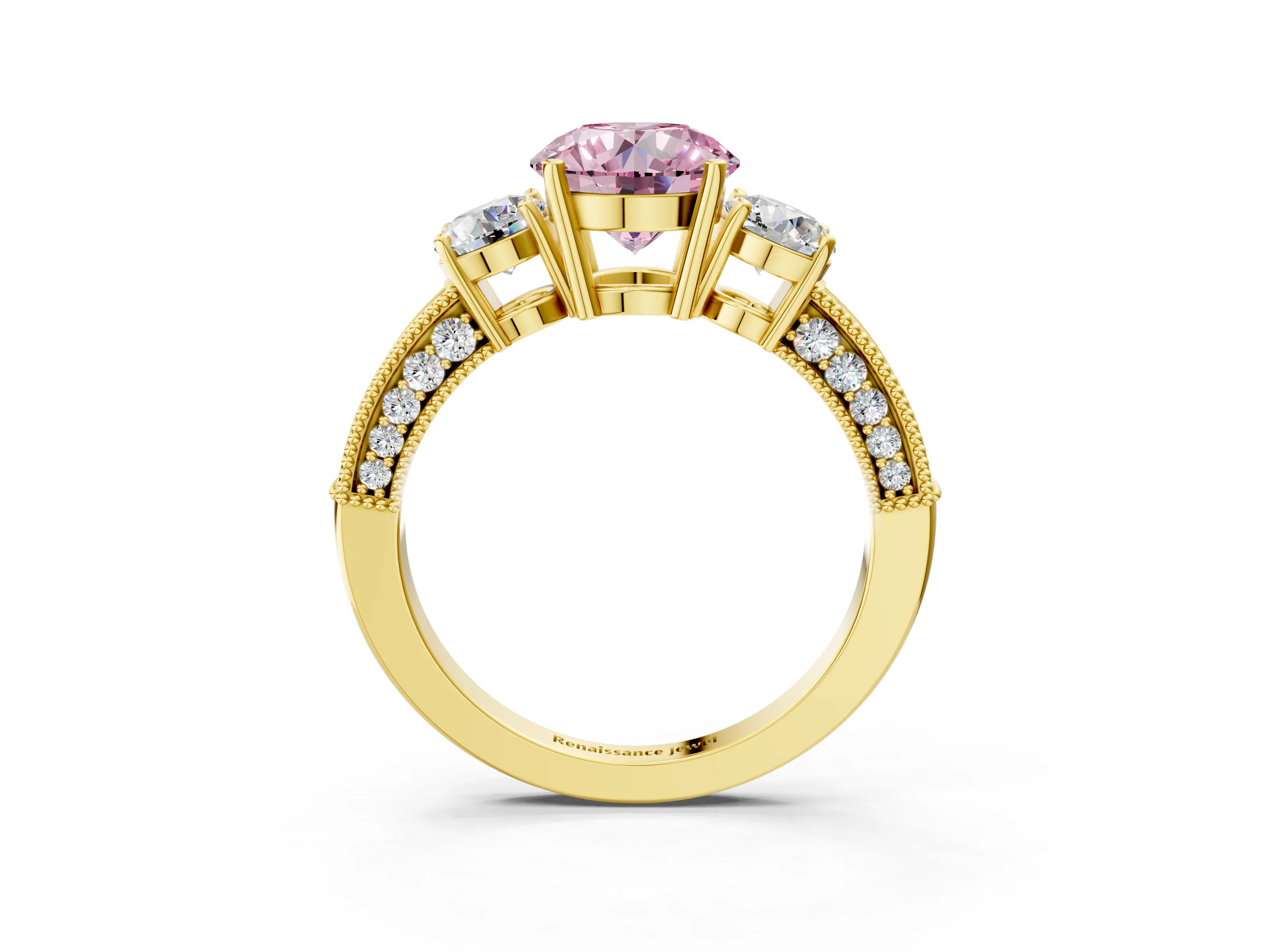 Yellow gold Fancy Pink Round Cut Three-Stone Diamond Ring with Pavé Band and Four-Prong Setting_3