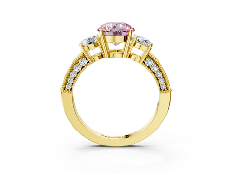 Yellow gold Fancy Pink Round Cut Three-Stone Diamond Ring with Pavé Band and Four-Prong Setting_3