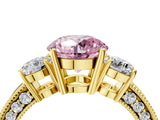Yellow gold Fancy Pink Round Cut Three-Stone Diamond Ring with Pavé Band and Four-Prong Setting_4