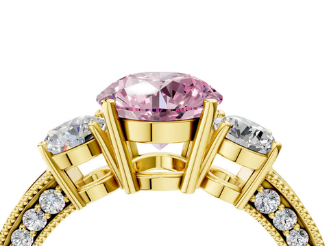 Yellow gold Fancy Pink Round Cut Three-Stone Diamond Ring with Pavé Band and Four-Prong Setting_4