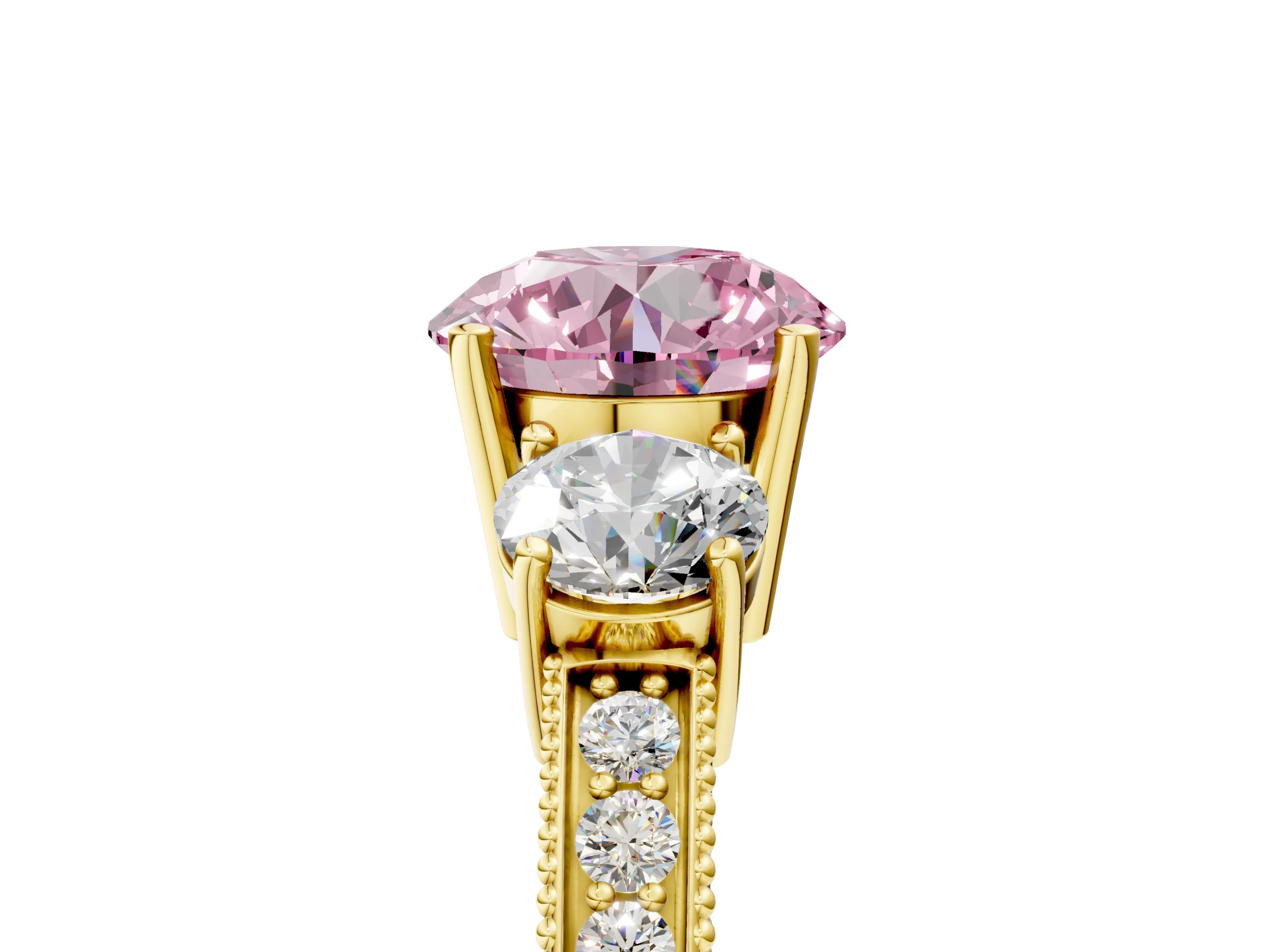 Yellow gold Fancy Pink Round Cut Three-Stone Diamond Ring with Pavé Band and Four-Prong Setting_5