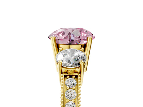 Yellow gold Fancy Pink Round Cut Three-Stone Diamond Ring with Pavé Band and Four-Prong Setting_5