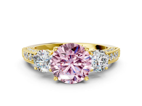 Yellow gold Fancy Pink Round Cut Three-Stone Diamond Ring with Pavé Band and Four-Prong Setting