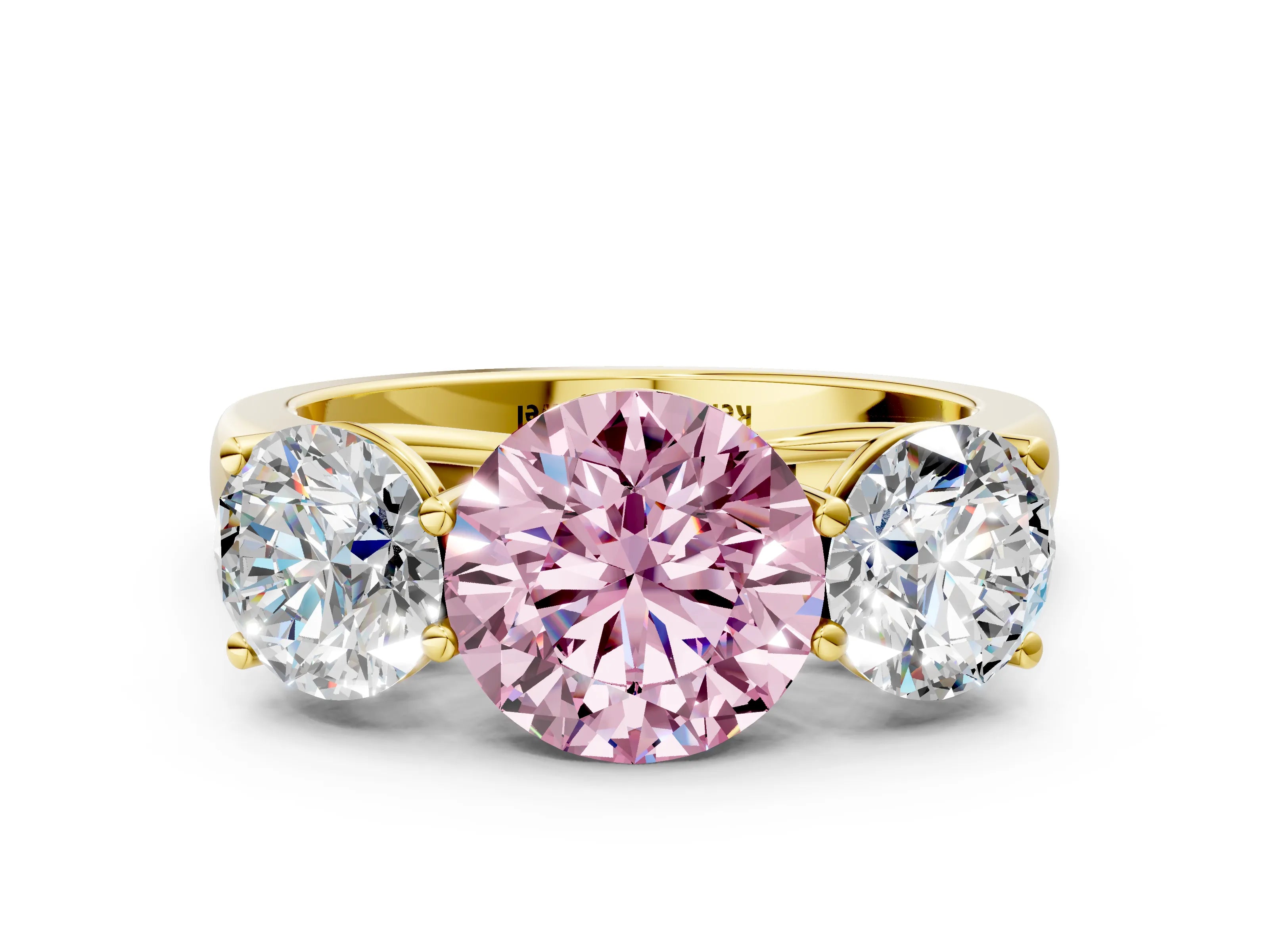 Yellow gold Fancy Pink Round Cut Three-Stone Diamond Ring with Prong Setting on a Classic Band