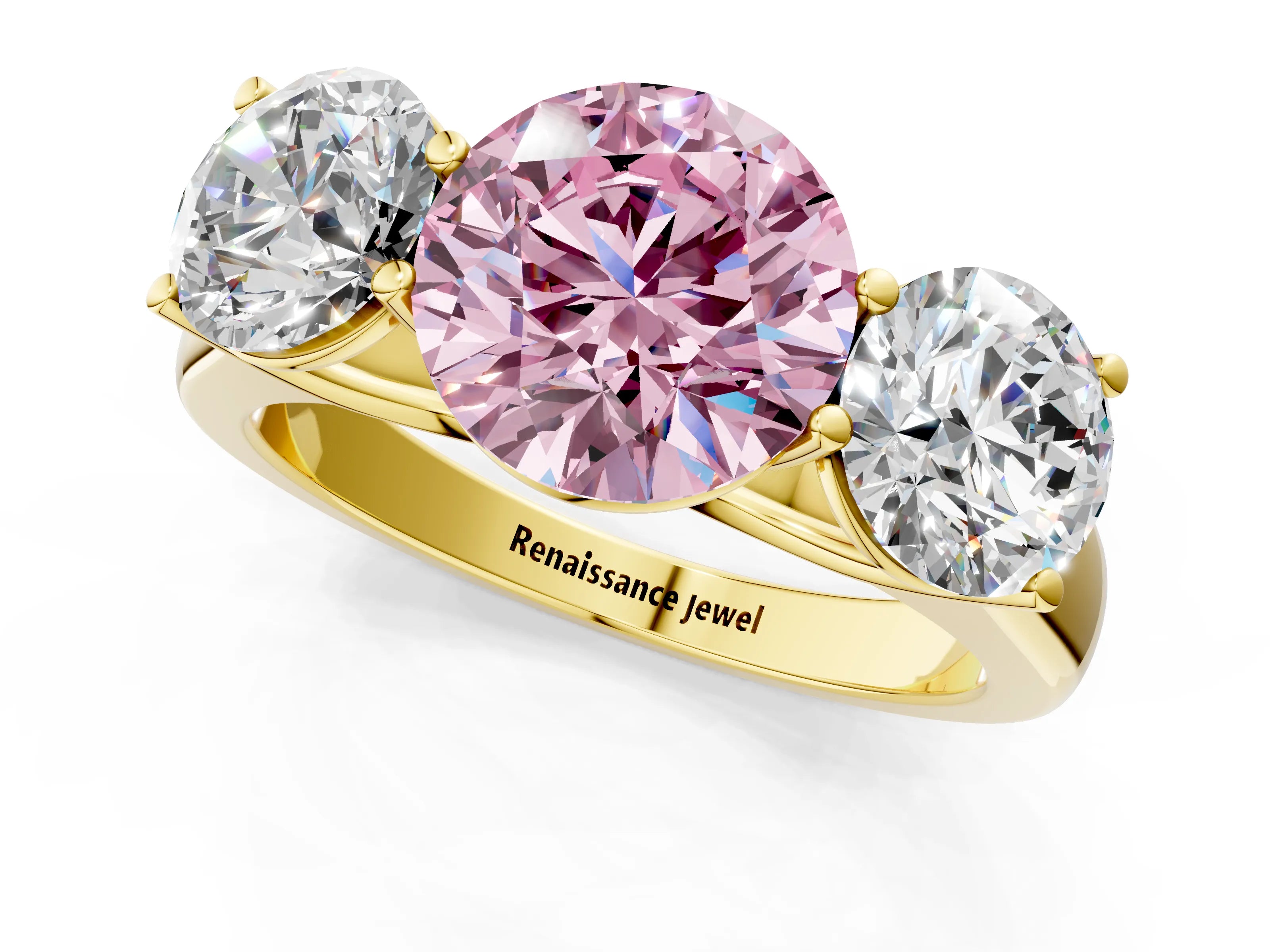 Yellow gold Fancy Pink Round Cut Three-Stone Diamond Ring with Prong Setting on a Classic Band_1