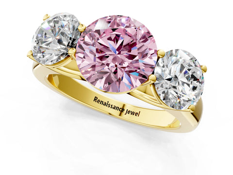 Yellow gold Fancy Pink Round Cut Three-Stone Diamond Ring with Prong Setting on a Classic Band_1