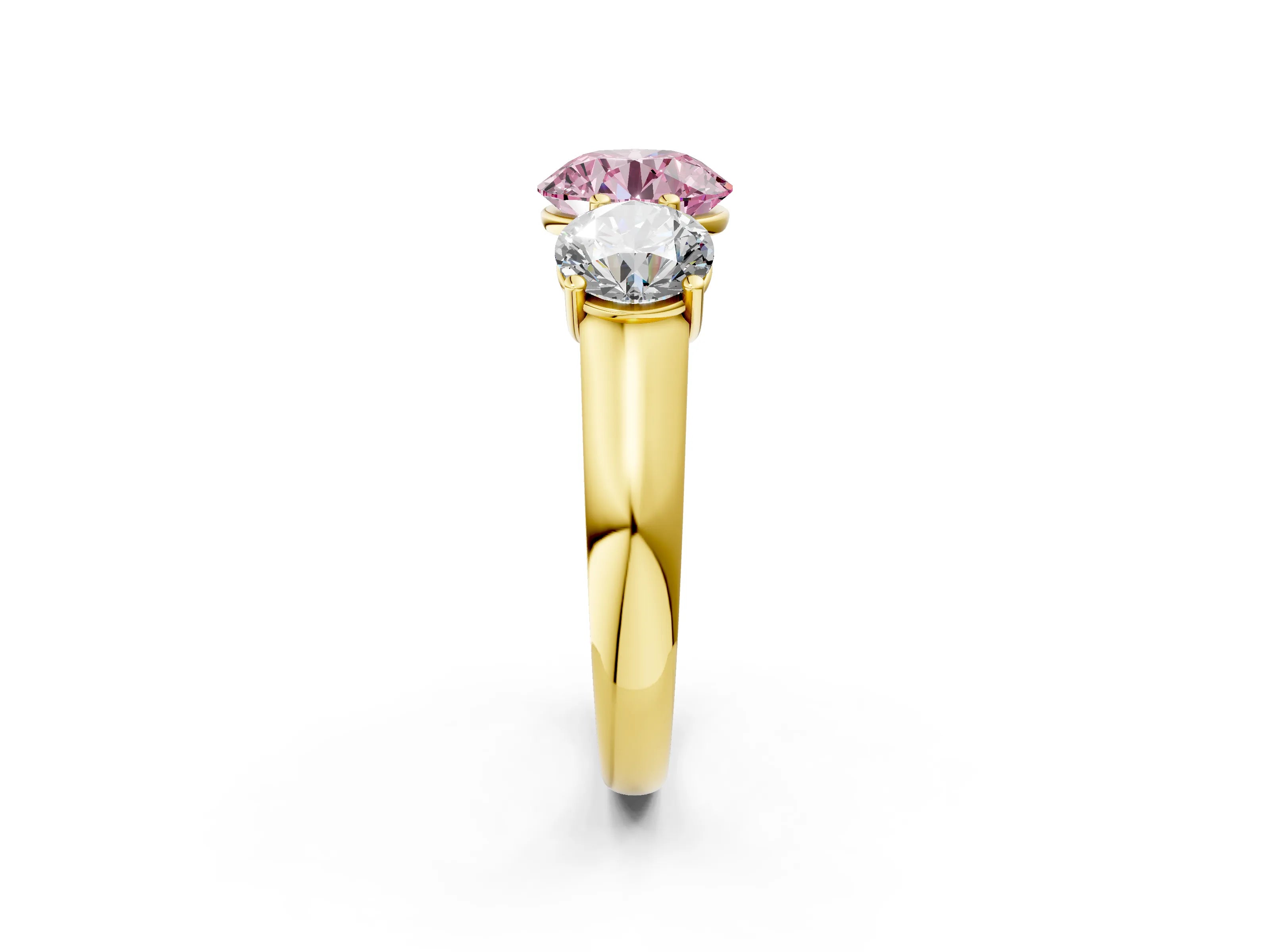 Yellow gold Fancy Pink Round Cut Three-Stone Diamond Ring with Prong Setting on a Classic Band_2