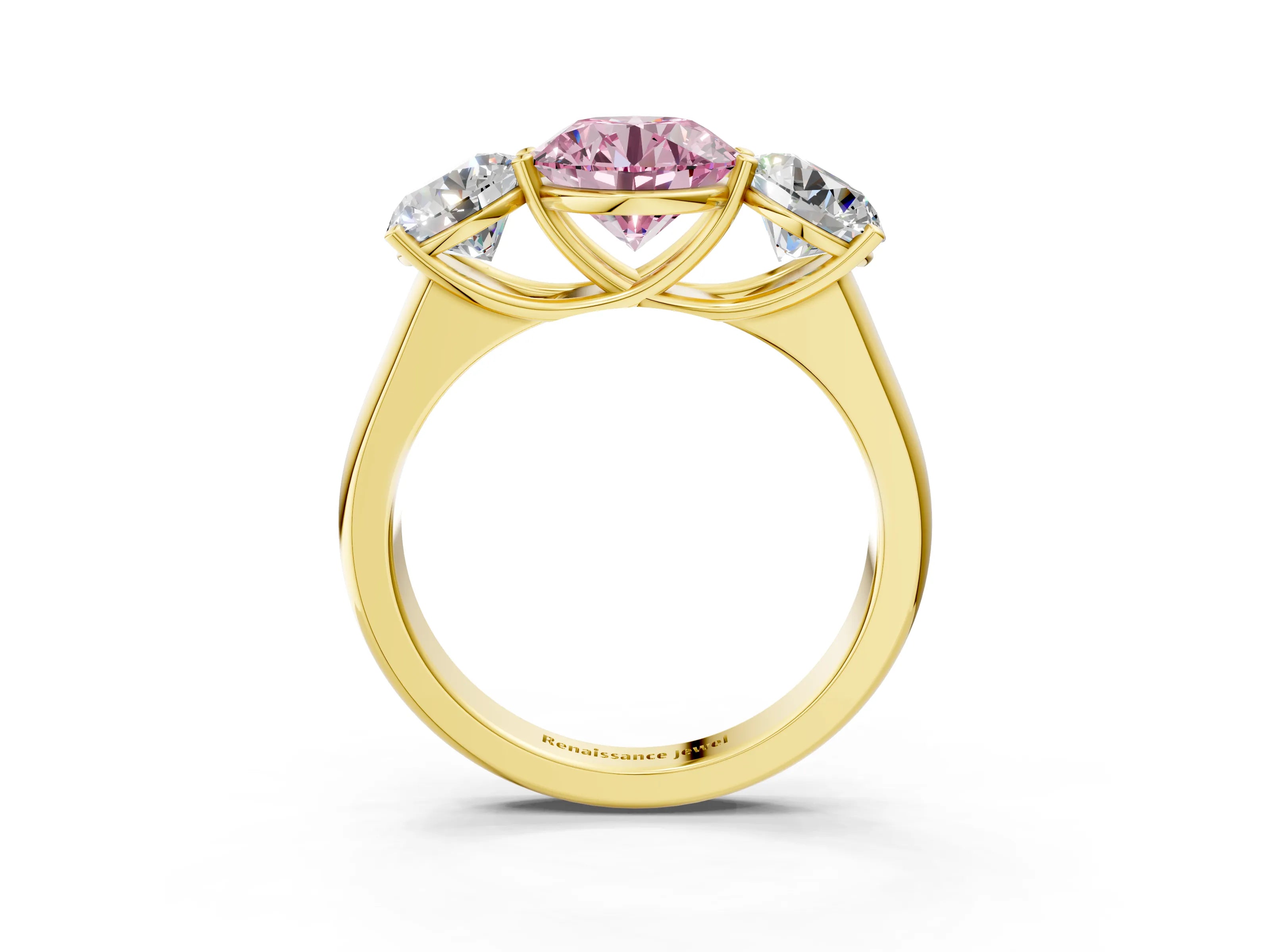 Yellow gold Fancy Pink Round Cut Three-Stone Diamond Ring with Prong Setting on a Classic Band_3