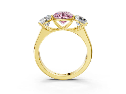 Yellow gold Fancy Pink Round Cut Three-Stone Diamond Ring with Prong Setting on a Classic Band_3