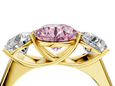 Yellow gold Fancy Pink Round Cut Three-Stone Diamond Ring with Prong Setting on a Classic Band_4
