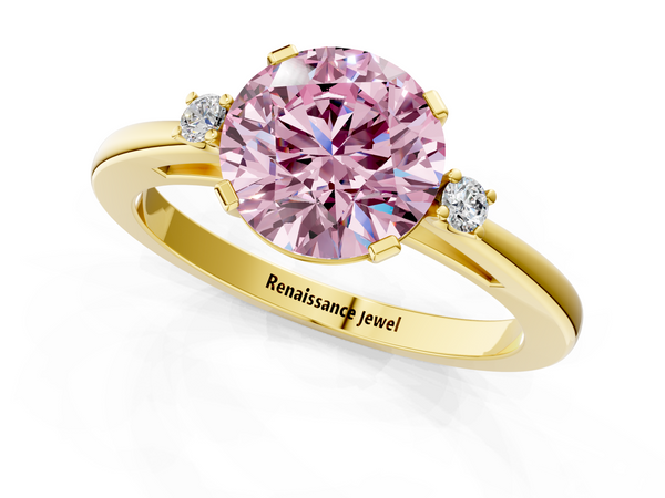 Yellow gold Fancy Pink Round  Cut Three-Stone Solitaire Ring with Round Accent Diamonds and Four-Prong Setting