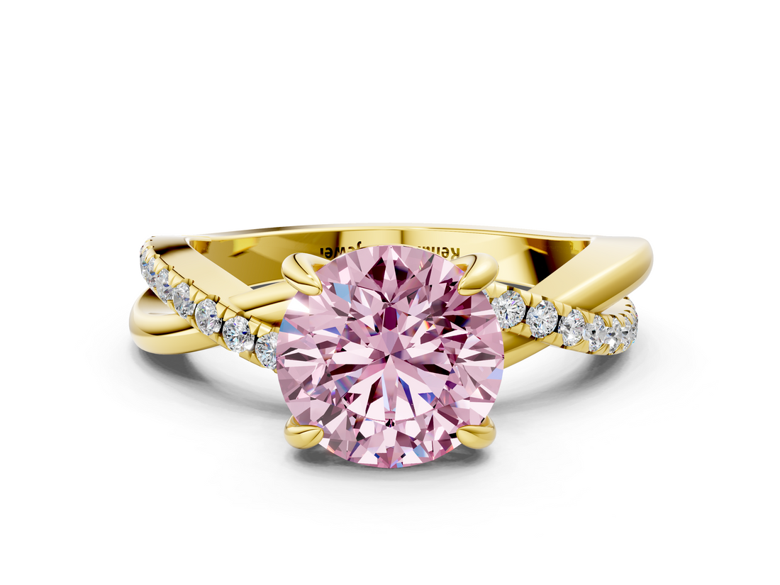 Yellow gold Fancy Pink Round  Cut Twist Band Solitaire Diamond Ring with Pavé Setting_3