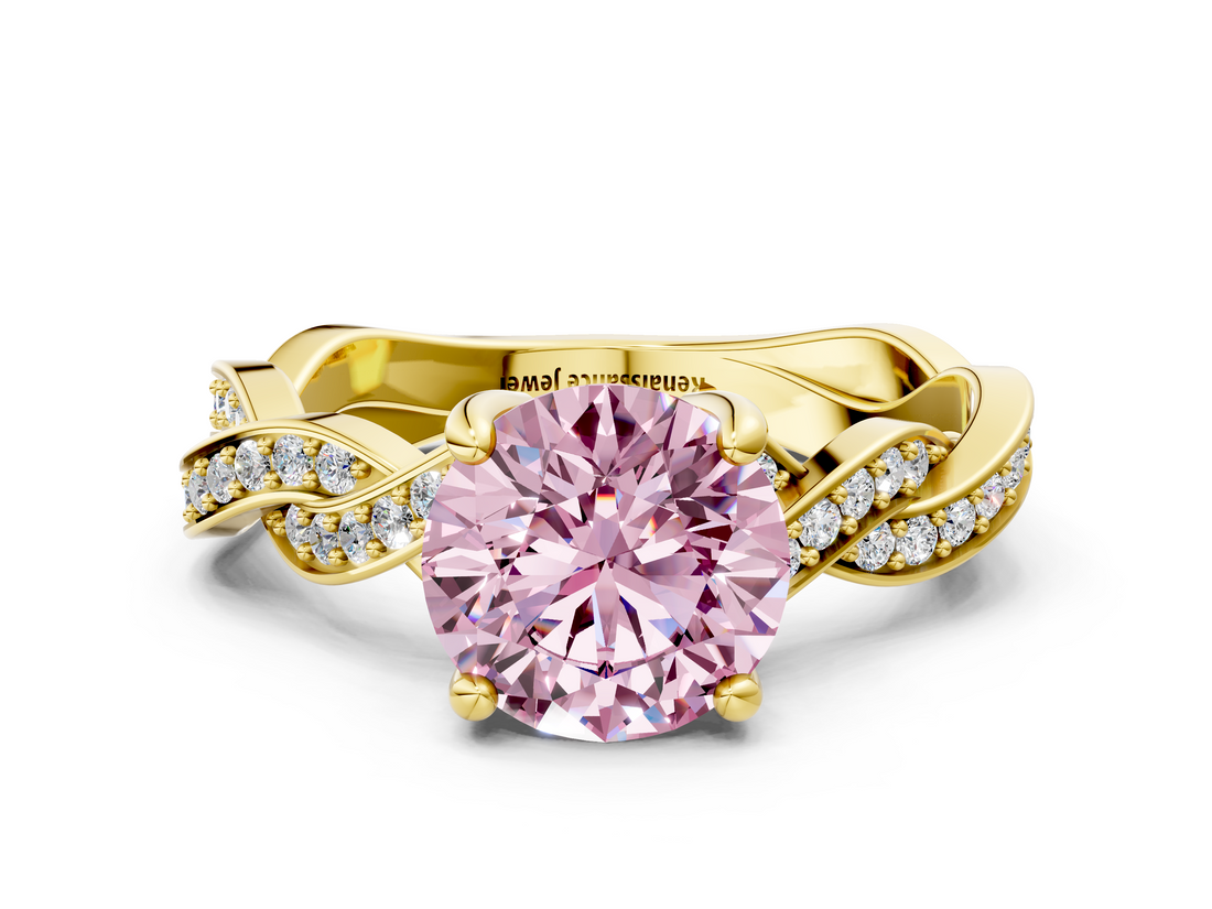 Yellow gold Fancy Pink Round  Cut Twisted Pavé Band Solitaire Ring with Four-Prong Setting