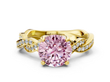 Yellow gold Fancy Pink Round  Cut Twisted Pavé Band Solitaire Ring with Four-Prong Setting