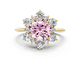 Yellow gold Fancy Pink Round  Diamond Cluster Halo Ring with Solitaire Band and Four-Prong Setting
