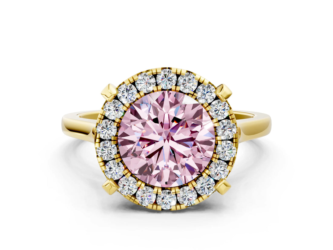 Yellow gold Fancy Pink Round  Diamond Cluster Halo Solitaire with Four-Prong Setting_23