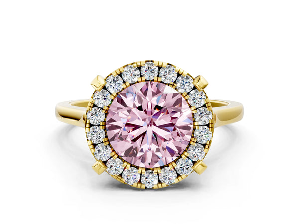 Yellow gold Fancy Pink Round  Diamond Cluster Halo Solitaire with Four-Prong Setting